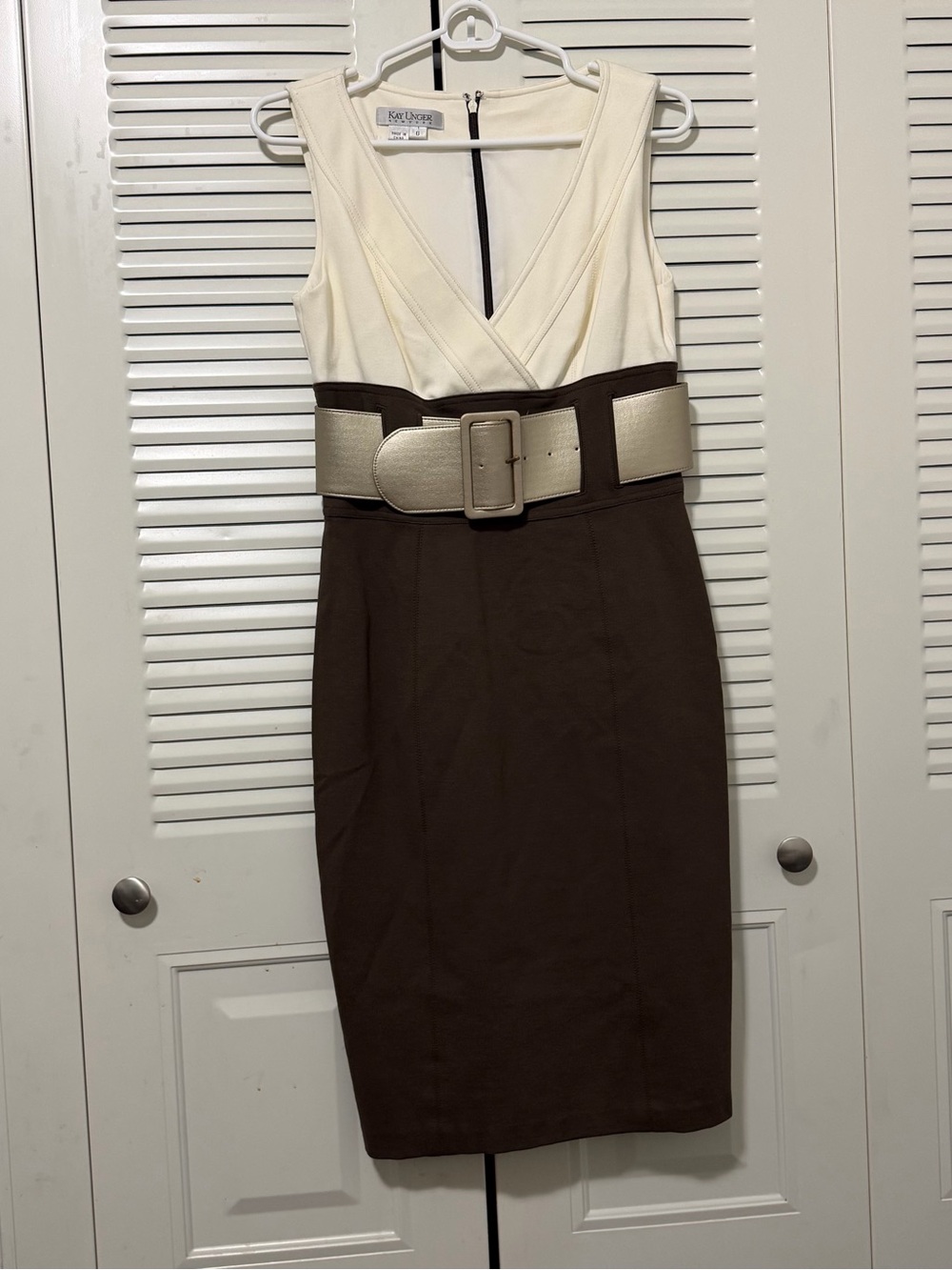 Kay Unger Cream and Brown Belted Midi Sheath Dress